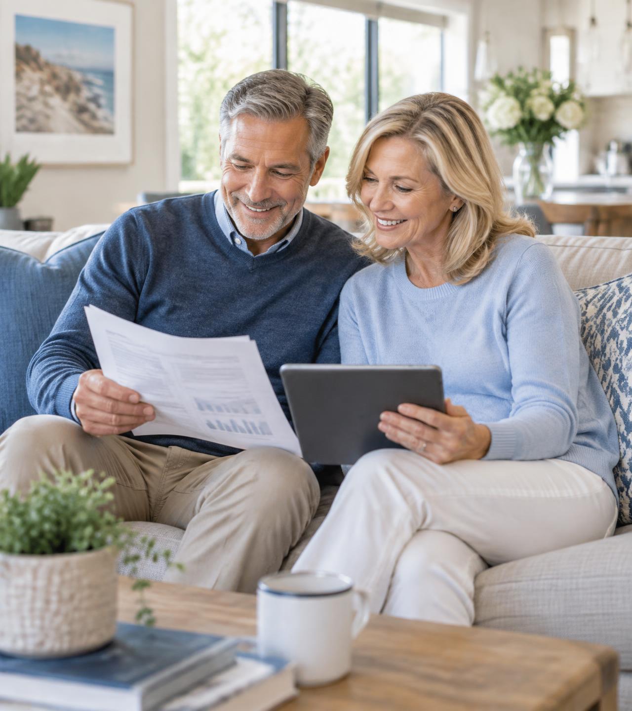 Couple in their fifties reviewing savings documents together at home